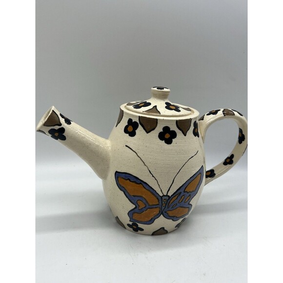 Artist Handmade Glazed Pottery Pitcher Butterfly Floral Design Spring Decor - Picture 12 of 16